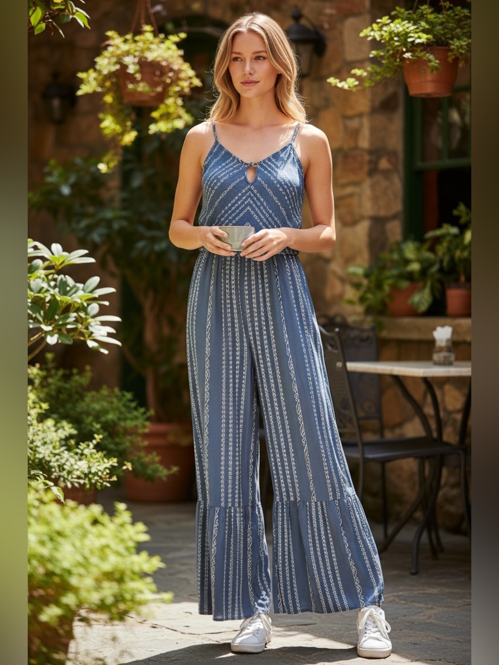 Sincerely Jules Blue Striped Keyhole Wide-Leg Jumpsuit